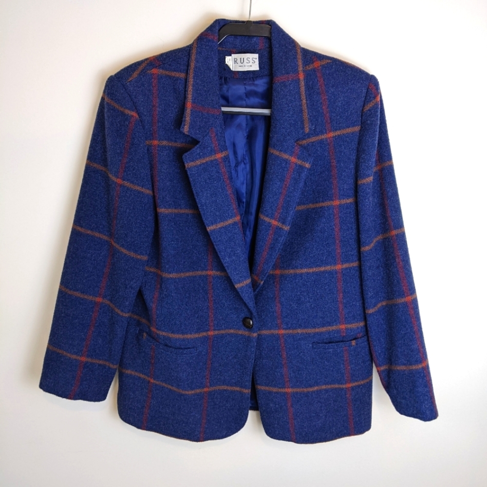 Vintage Russ Wool Made in the USA Blue Windowpane Blazer Jacket